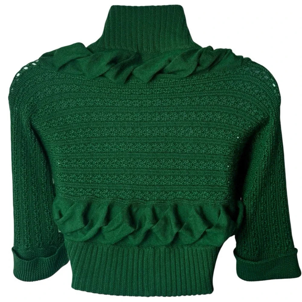 Oscar De La Renta Forest Green Silk‎ Cashmere Crop Cardigan Luxury Old Money L